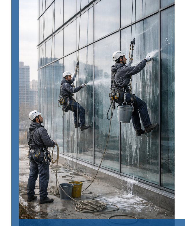 Промышленная мойка панорамных окон на высоте в Лениногорске