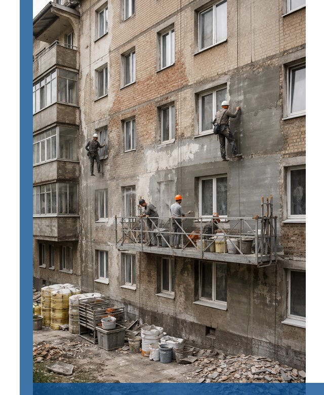 Капитальный ремонт фасада в Лениногорске с восстановлением и гидроизоляцией