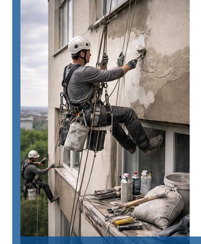 Косметический ремонт фасада зданий в Лениногорске промышленными альпинистами