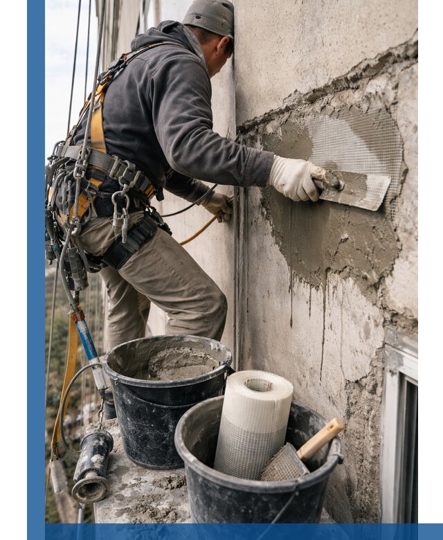 Ремонт бетонных элементов фасада промышленными альпинистами в Лениногорске