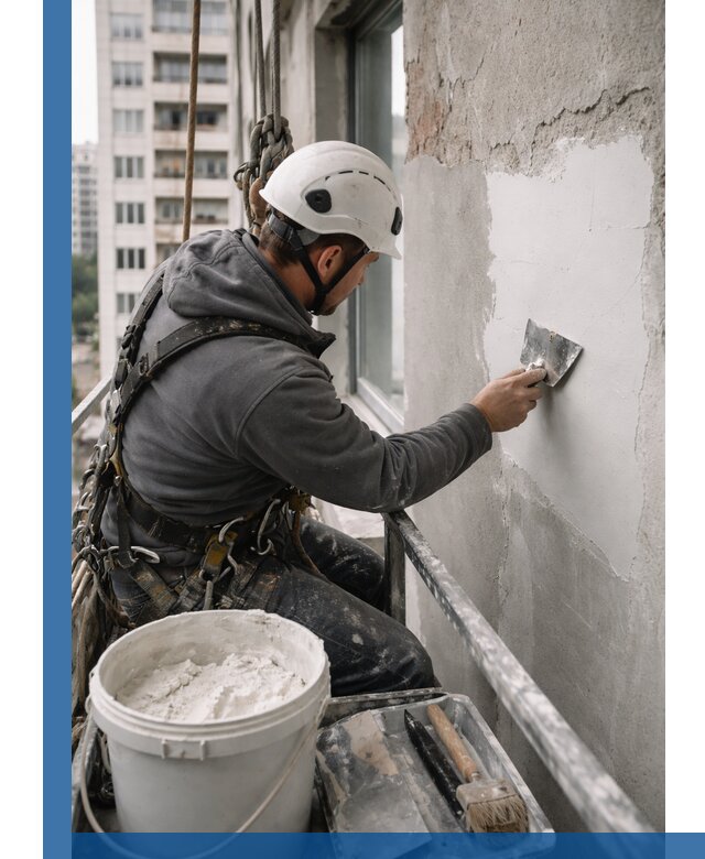 Шпаклевка фасадов на высоте с промальпинистами в Лениногорске