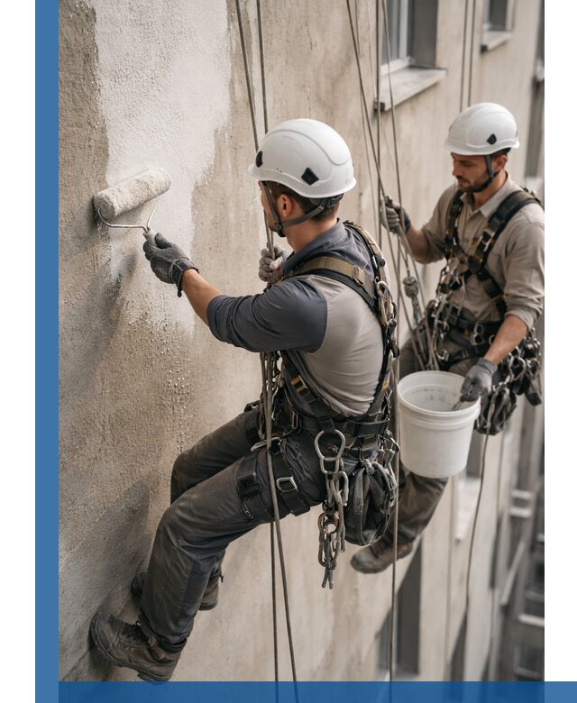 Грунтовка фасада на высоте в Лениногорске промышленными альпинистами