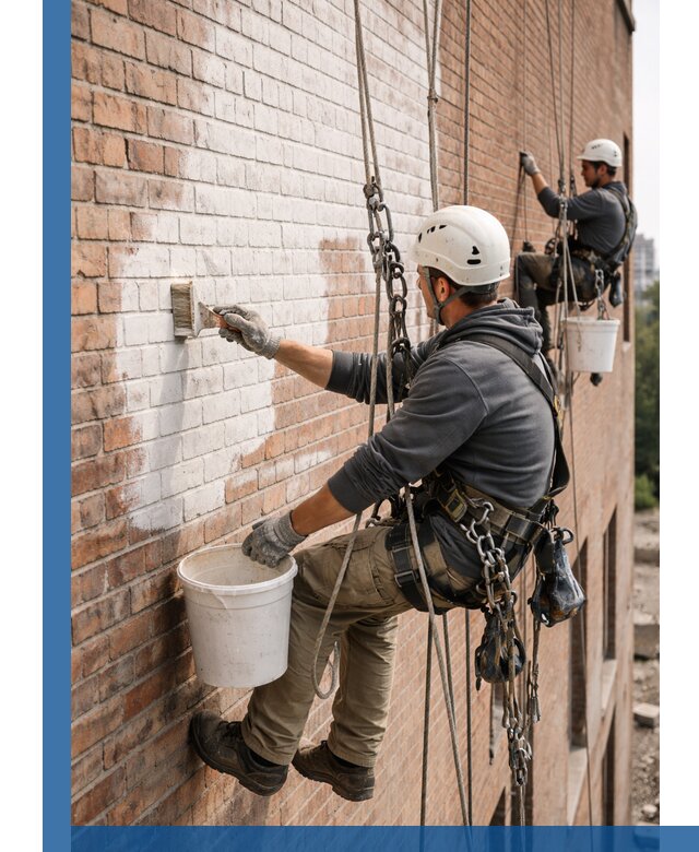 Покраска кирпичного фасада с доступным альпинистским сервисом в Лениногорске