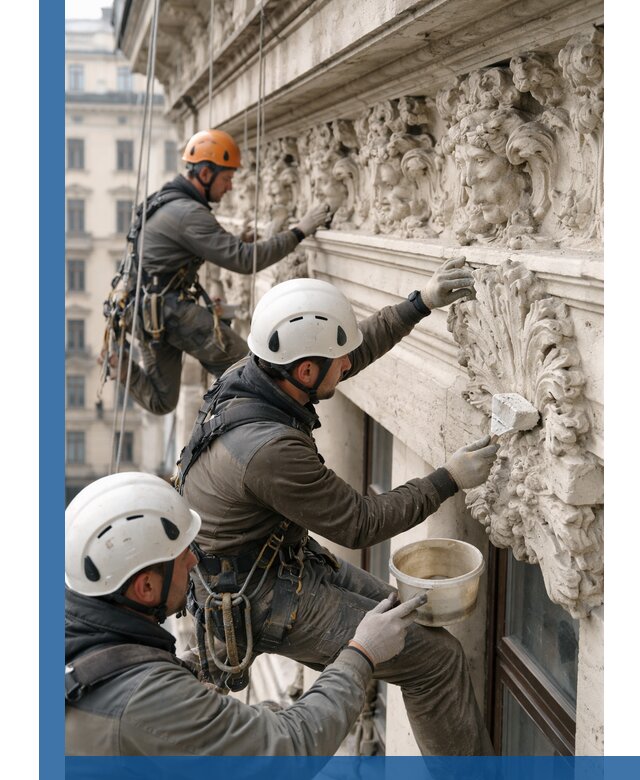 Реставрация фасадной лепнины с высотными работами в Лениногорске