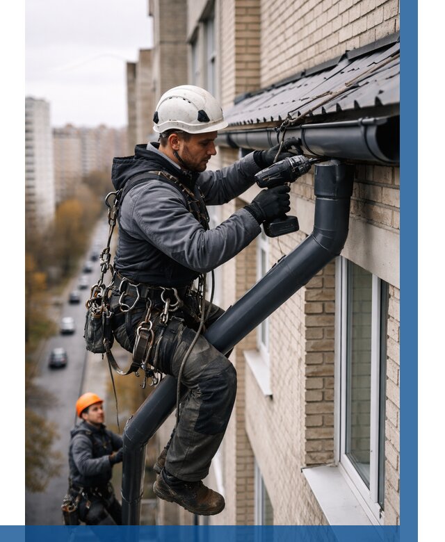 Монтаж водосточной системы на здании в Лениногорске от 5160 р. | ВЫСОТНИК-Лнр