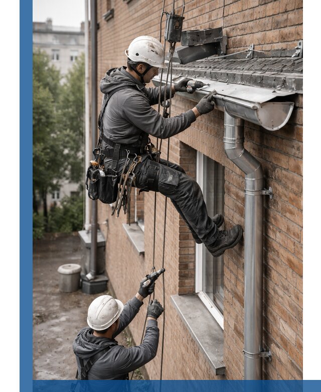 Монтаж водосточной системы на здании в Лениногорске под ключ