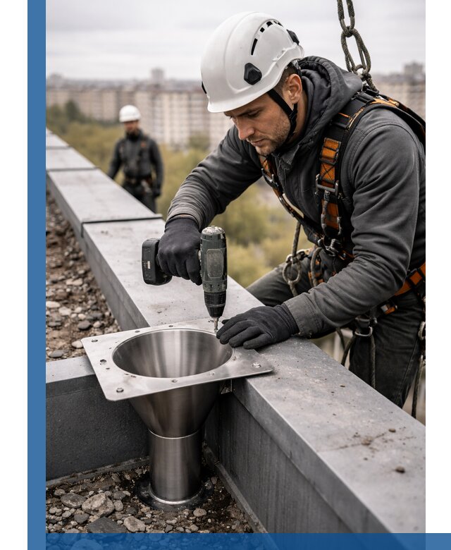 Монтаж водосточных воронок в Лениногорске для промышленных зданий