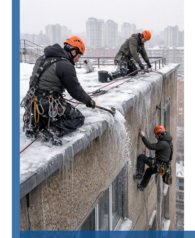 Удаление наледи с кровли в Лениногорске промышленными альпинистами