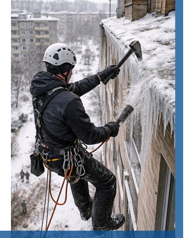 Сбивание сосулек с крыши в Лениногорске по цене от 4644 р. | ВЫСОТНИК-Лнр