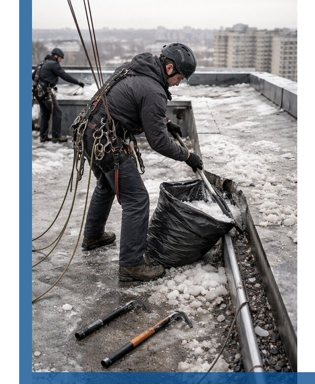 Аварийная очистка кровли в Лениногорске от промальпинистов