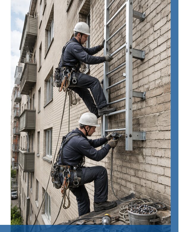 Монтаж пожарной лестницы в Лениногорске от 25800 р заказать у ВЫСОТНИК-Лнр