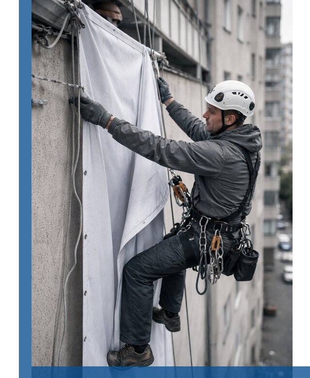 Замена баннерного полотна промышленными альпинистами в Лениногорске