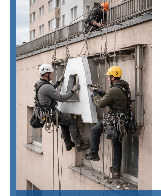 Ремонт и восстановление наружных вывесок на высоте в Лениногорске