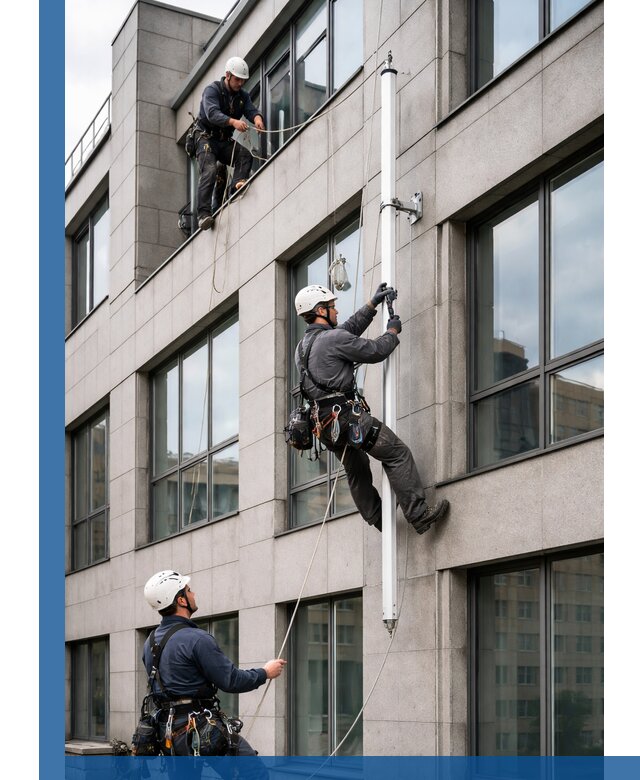 Монтаж флагштока на фасаде здания с креплением и герметикой в Лениногорске