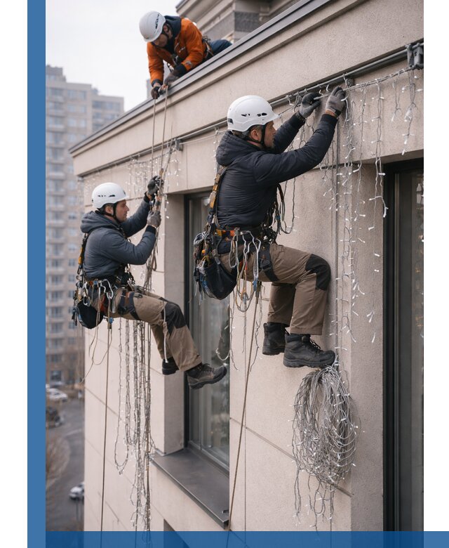 Монтаж праздничных гирлянд на фасаде в Лениногорске для зданий