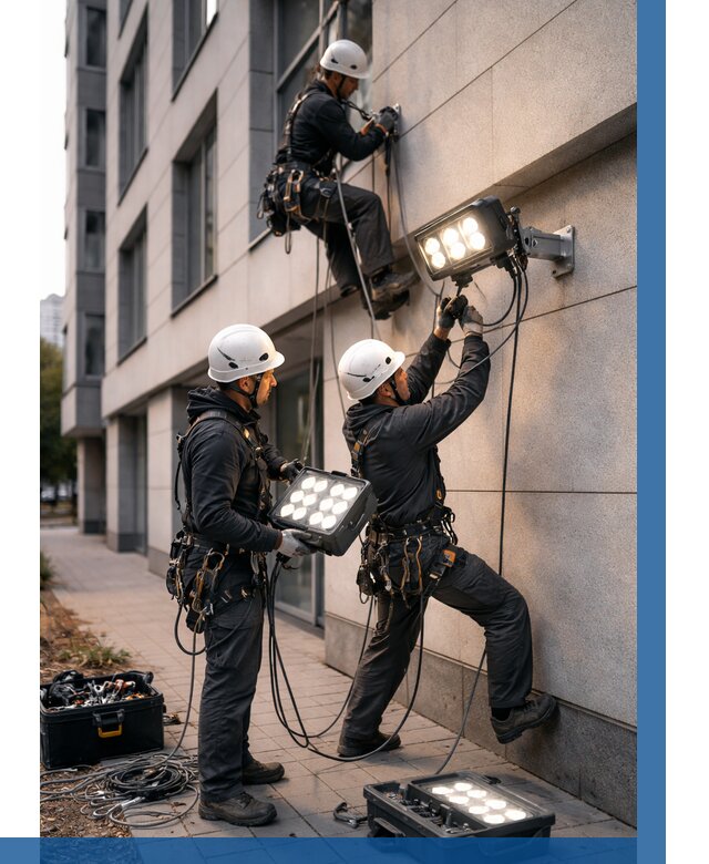 Монтаж прожекторов на фасаде в Лениногорске от 7740 р. | ВЫСОТНИК-Лнр