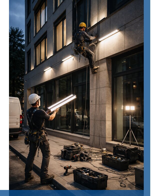 Монтаж архитектурной подсветки здания в Лениногорске от 2580 р.|ВЫСОТНИК-Лнр