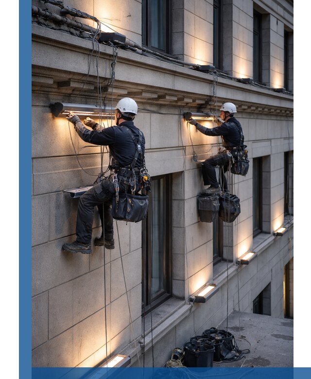 Монтаж архитектурной подсветки фасадов зданий в Лениногорске