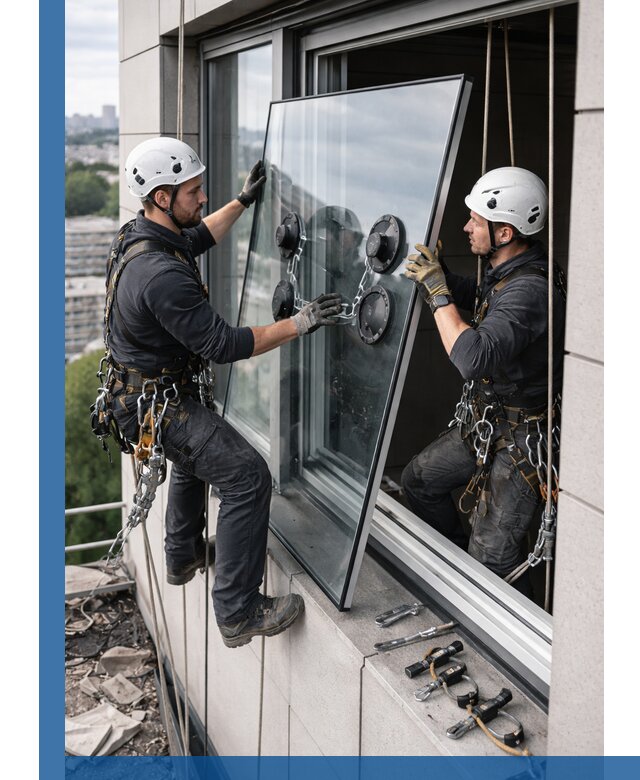 Замена стеклопакетов на высоте с промышленными альпинистами в Лениногорске