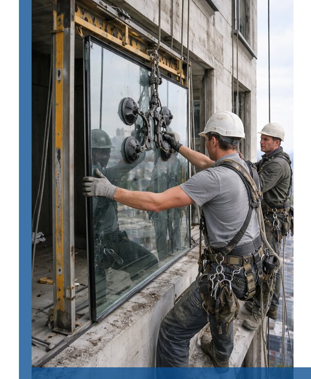 Монтаж стеклопакетов на высоте в Лениногорске с промышленным альпинизмом