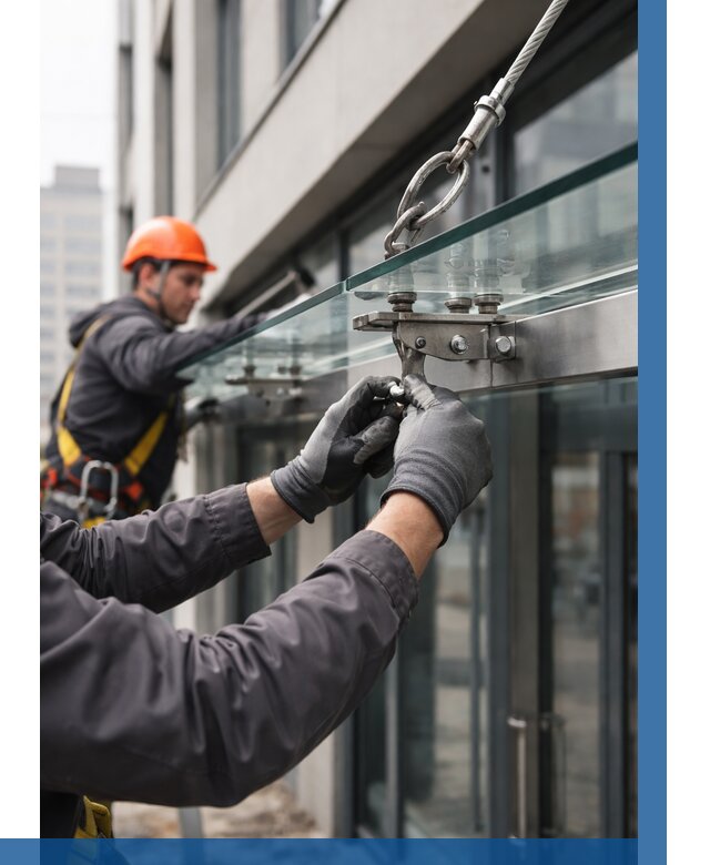 Монтаж стеклянных козырьков в Лениногорске от 8772 р. | ВЫСОТНИК-Лнр