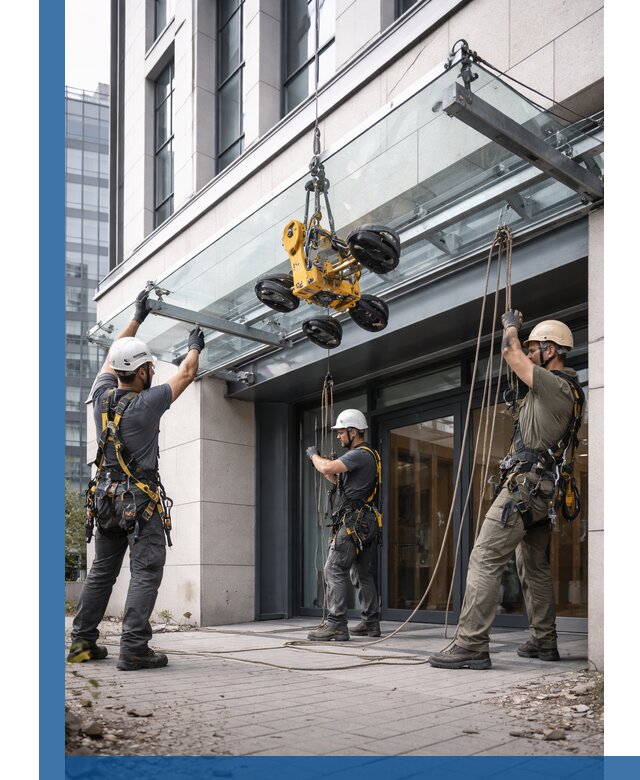 Монтаж стеклянных козырьков под ключ в Лениногорске для зданий