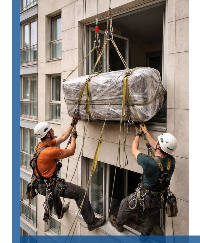 Подъем грузов через окно в Лениногорске промышленными альпинистами