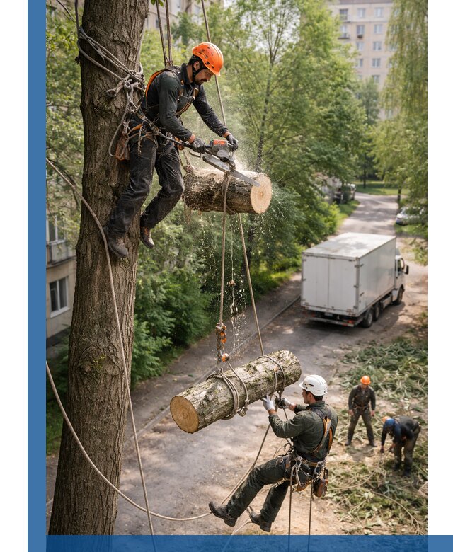 Спил деревьев альпинистами в Лениногорске, безопасно и без повреждений