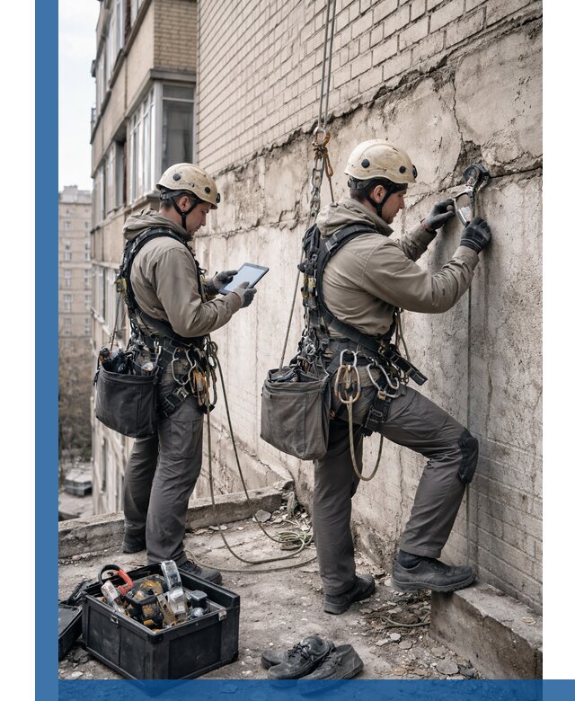 Обследование фасада промышленными альпинистами в Лениногорске